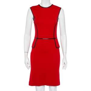 Pre Owned Tory Burch Red Wool Contrast Leather Trim Detail Sleeveless Sheath Dress XS