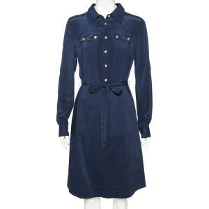 Pre Owned Tory Burch Navy Blue Cotton Emmanuelle Belted Shirt Dress M