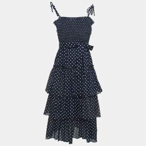 Tory Burch Navy Blue Polka-Dot Print Cotton Tiered Dress XS