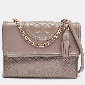 Tory Burch Grey Quilted Leather Fleming Shoulder Bag