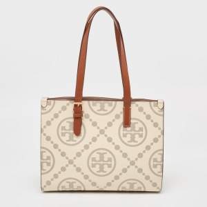 Tory Burch New Cream/Brown T Monogram Leather Small Contrast Tote