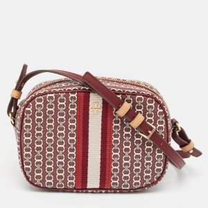 Pre Owned Tory Burch Burgundy Gemini Link Coated Canvas Camera Crossbody Bag