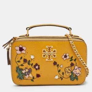 Pre Owned Tory Burch Mustard Leather Floral Applique Britten Crossbody Bag