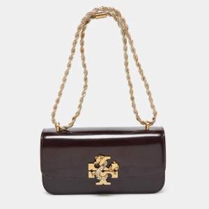 Pre Owned Tory Burch Burgundy Glossy Leather Eleanor Dragon Rectangular Shoulder Bag