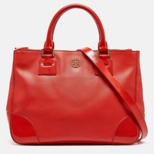 Tory Burch Orange Patent and Leather Large Robinson Double Zip Tote