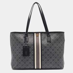 Pre Owned Tory Burch Grey/Black Logo Coated Canvas Zip Shopper Tote