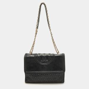Pre Owned Tory Burch Black Quilted Leather Fleming Shoulder Bag
