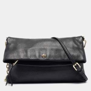 Pre Owned Tory Burch Black Leather Foldover Crossbody Bag