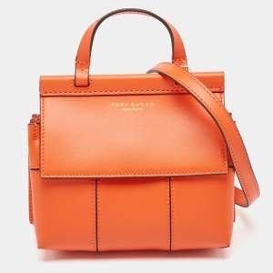 Pre Owned Tory Burch Orange Leather Mini Block-T Satchel