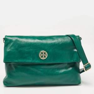 Tory Burch Green Leather Dena Fold Over Crossbody Bag