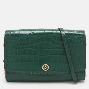 Tory Burch Green Croc Embossed Leather Robinson Wallet On Chain