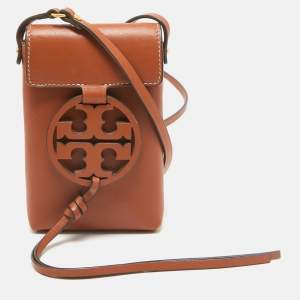 Pre Owned Tory Burch Brown Leather Miller Phone Crossbody Bag