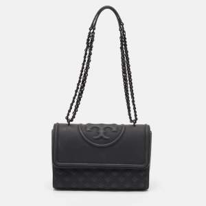 Tory Burch Matte Black Rubber Medium Fleming Shoulder Bag