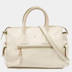 Tory Burch Off White Leather Side Pockets Satchel