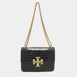 Tory Burch Black Croc Embossed Leather Eleanor Shoulder Bag