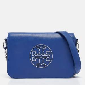 Pre Owned Tory Burch Blue Leather Miller Flap Crossbody Bag