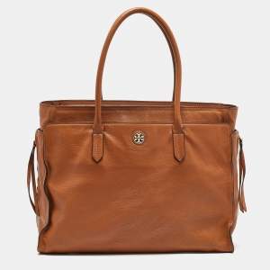 Pre Owned Tory Burch Brown Soft Leather Side Zip Tote