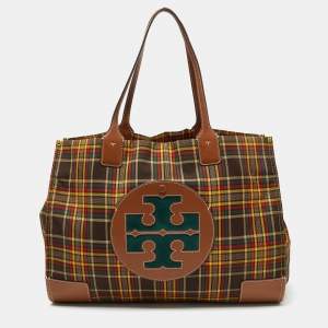 Tory Burch Multicolor Plaid Fabric and Leather Ella Shopper Tote