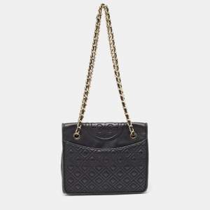 Tory Burch Black Leather Medium Fleming Shoulder Bag