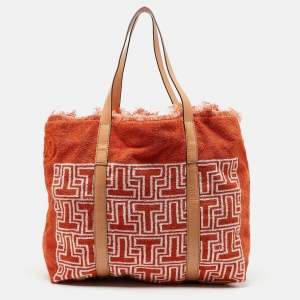 Pre Owned Tory Burch Orange/White Terry Cloth and Leather Printed Tote