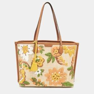Tory Burch Brown/Beige Leather and Straw Embroidered Perry Shopper Tote