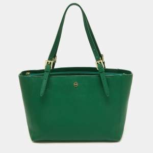 Pre Owned Tory Burch Green Leather Medium York Buckle Tote