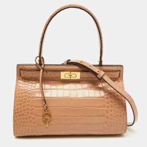 Tory Burch Beige Croc Embossed Leather Small Lee Radziwill Top Handle Bag