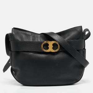 Tory Burch Black Leather Gemini Belted Shoulder Bag