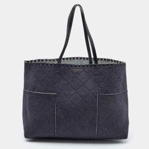 Tory Burch Navy Blue Felt Fabric and Patent Leather Block-T Shopper Tote