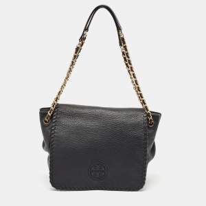 Tory Burch Black Braided Leather Marion Flap Shoulder Bag