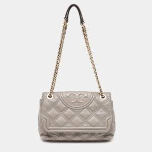 Pre Owned Tory Burch Beige Quilted Leather Fleming Soft Shoulder Bag