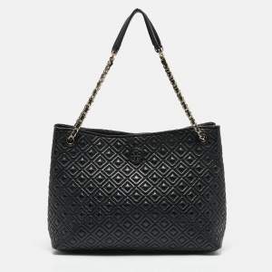 Pre Owned Tory Burch Black Quilted Leather Marion Tote