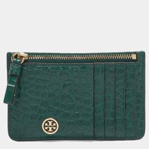 Tory Burch Green Croc Embossed Leather Robinson Zip Card Case