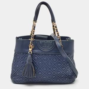 Tory Burch Navy Blue Quilted Leather Small Fleming Tote