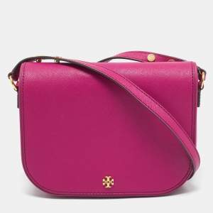 Pre Owned Tory Burch Fuchsia Leather Emerson Saddle Crossbody Bag