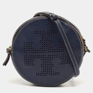 Tory Burch Navy Blue Leather T Perforated Logo Round Crossbody Bag