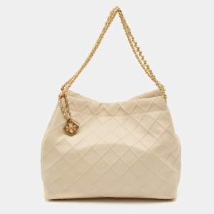 Tory Burch Beige Quilted Leather Soft Drawstring Fleming Tote