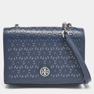 Tory Burch Navy Blue Laser Cut Leather Robinson Shoulder Bag