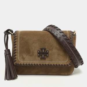 Tory Burch Green Leather and Suede Whipstitch Flap Bag