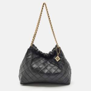 Tory Burch Black Quilted Leather Fleming Drawstring Shoulder Bag