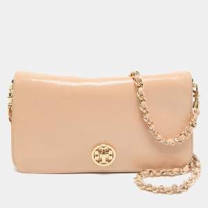 Tory Burch Beige Patent Leather Adalyn Flap Crossbody Bag