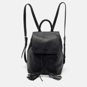 Tory Burch Black Leather Logo Flap Braided Tassel Backpack
