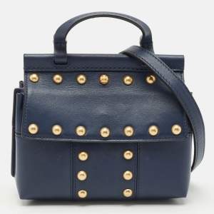 Tory Burch Navy Blue Leather Mini Block-T Studded Top Handle Bag