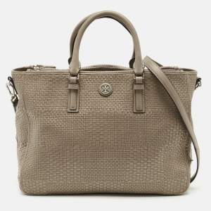 Tory Burch Grey Woven Patent and Leather Robinson Double Zip Tote