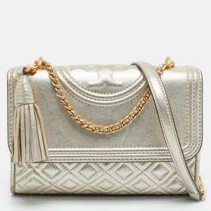 Pre Owned Tory Burch Pale Gold Leather Small Fleming Shoulder Bag