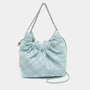 Tory Burch Light Blue Quilted Soft Denim Fleming Hobo