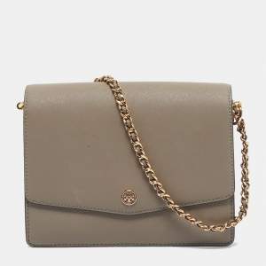 Pre Owned Tory Burch Grey Leather Robinson Flap Shoulder Bag 