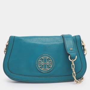 Pre Owned Tory Burch Teal Green Leather Amanda Crossbody Bag