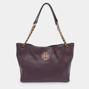 Pre Owned Tory Burch Purple Leather Small Britten Chain Tote
