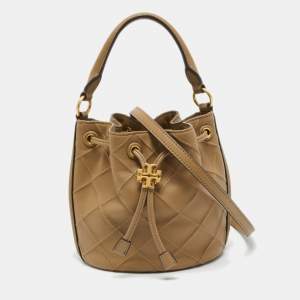 Pre Owned Tory Burch Beige Leather Small Fleming Soft Bucket Bag